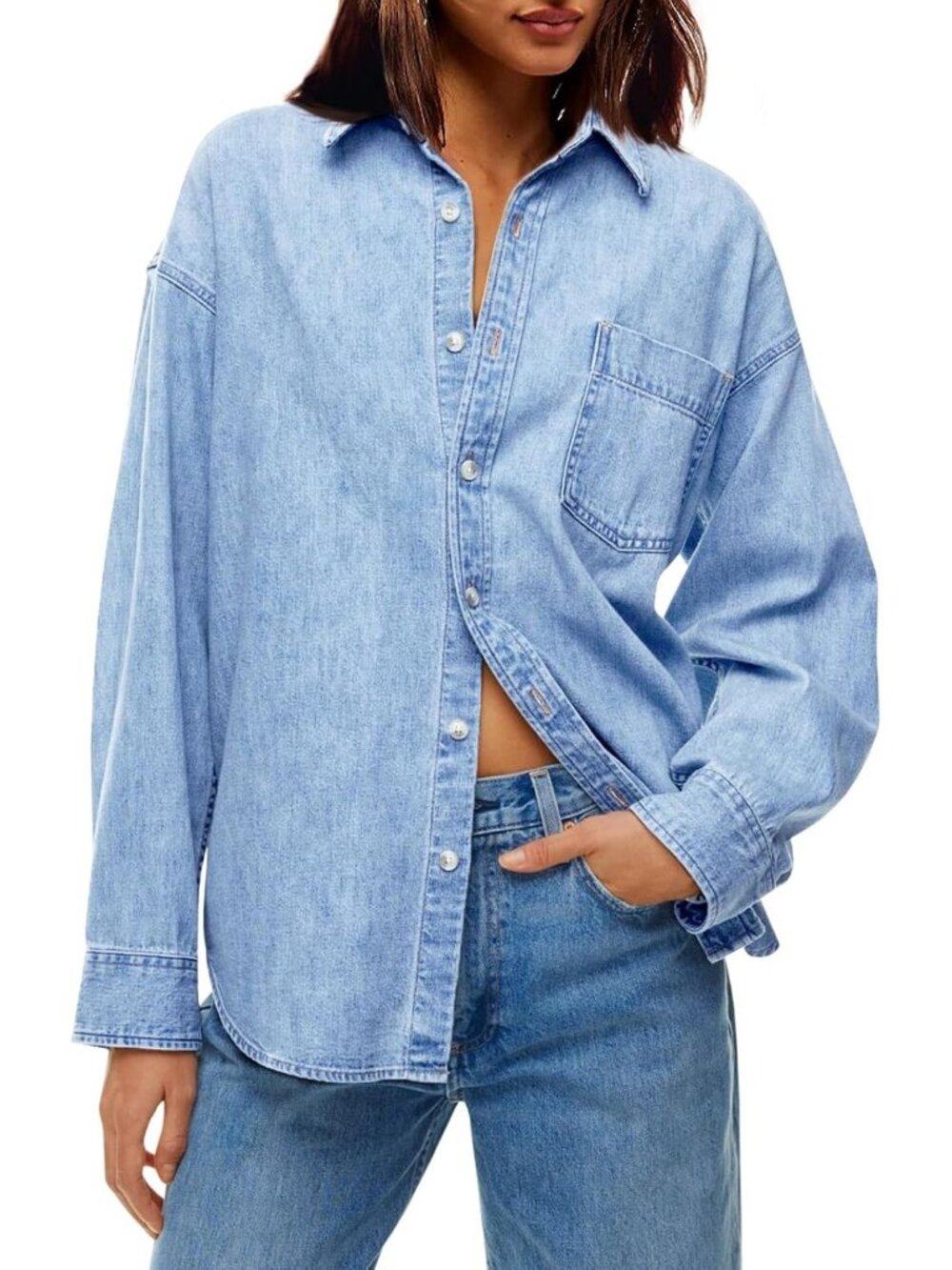 Women’s Light Blue Long Sleeve Button Down Oversized Shacket Casual Jacket